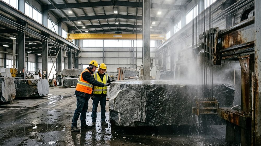 Two operators in hard hats inspecting a granite block being cut by a multi-wire saw under water mist