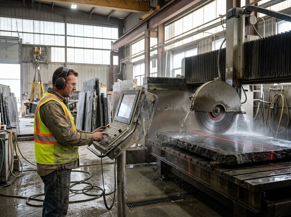 An operator at a control console while a bridge saw cuts a granite slab