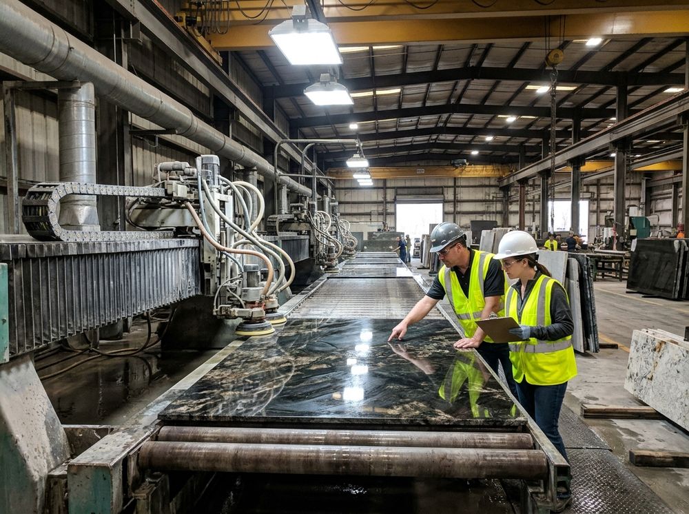 Two technicians checking a polished granite slab on a polishing line conveyor