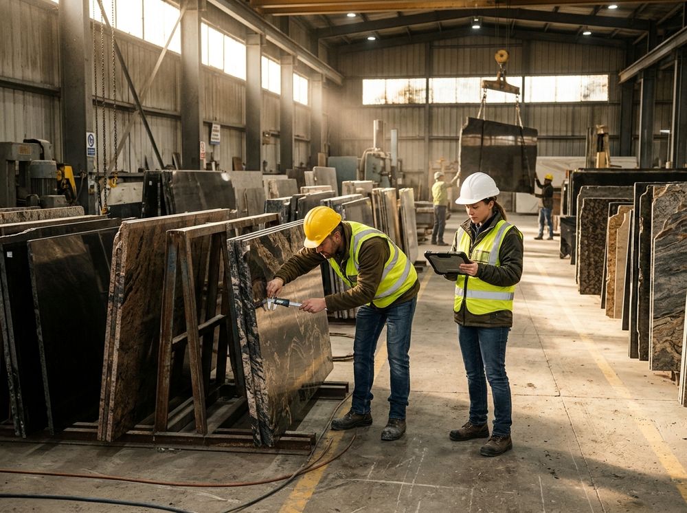 Two engineers measuring polished granite slabs on A-frame racks with calipers and a tablet